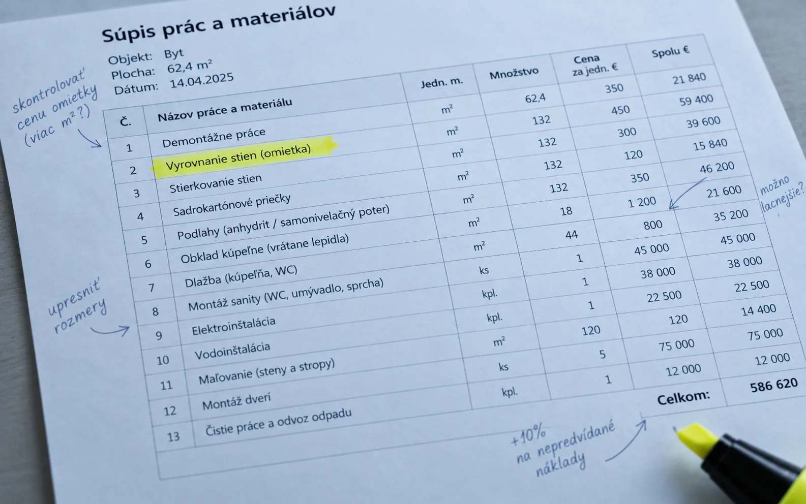 Súpis prác a materiálov so žltým zvýrazňovačom na jednom riadku a ručne písanými poznámkami