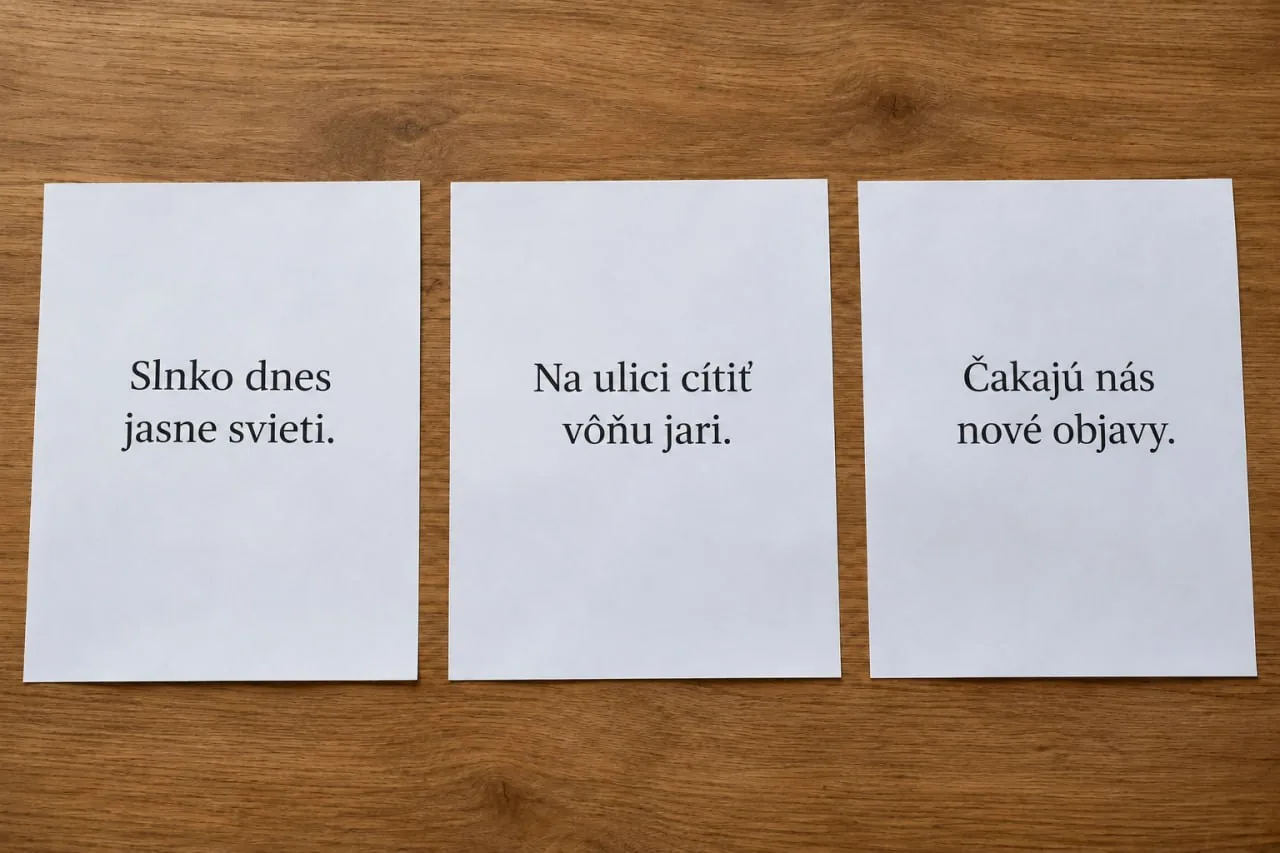 Tri vytlačené listy rozložené vedľa seba na drevenom stole